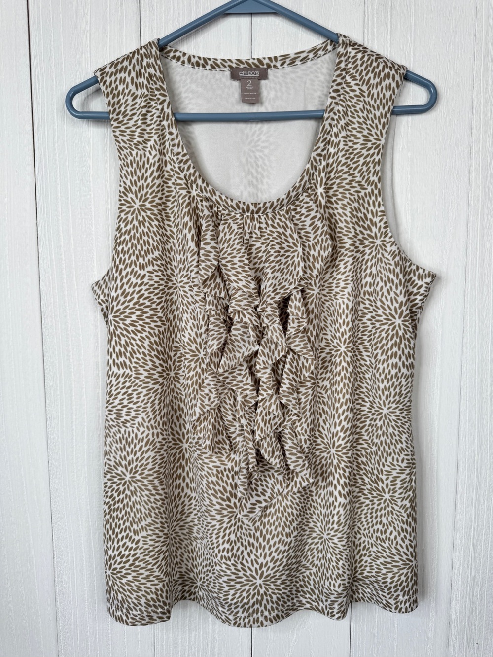 Chico's Taupe and White Ruffle Front Sleeveless Top